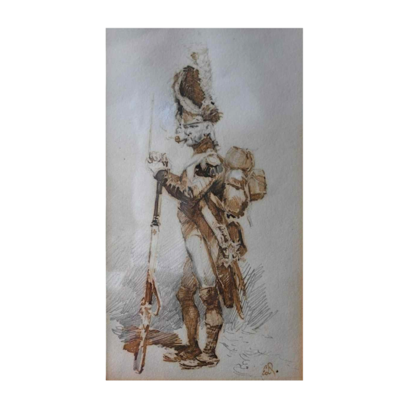 Edouard Detaille, tekening inkt op papier, officier bij de grenadiers van de Keizerlijke Garde, XIXe eeuw