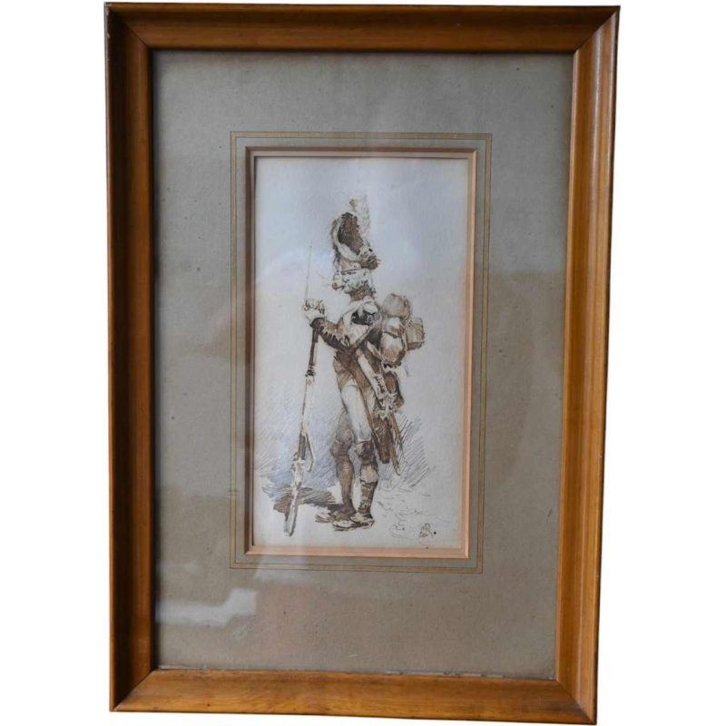 Edouard Detaille, dessin encre plume sur papier, Officier des grenadiers la garde impériale, XIXe s