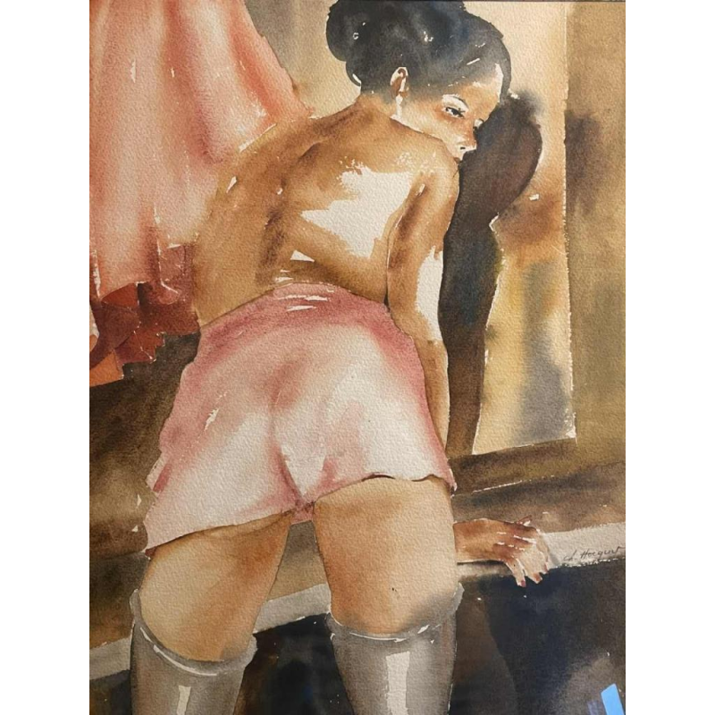 Christian HOCQUET « la jeune femme aux bas gris », aquarelle sur papier