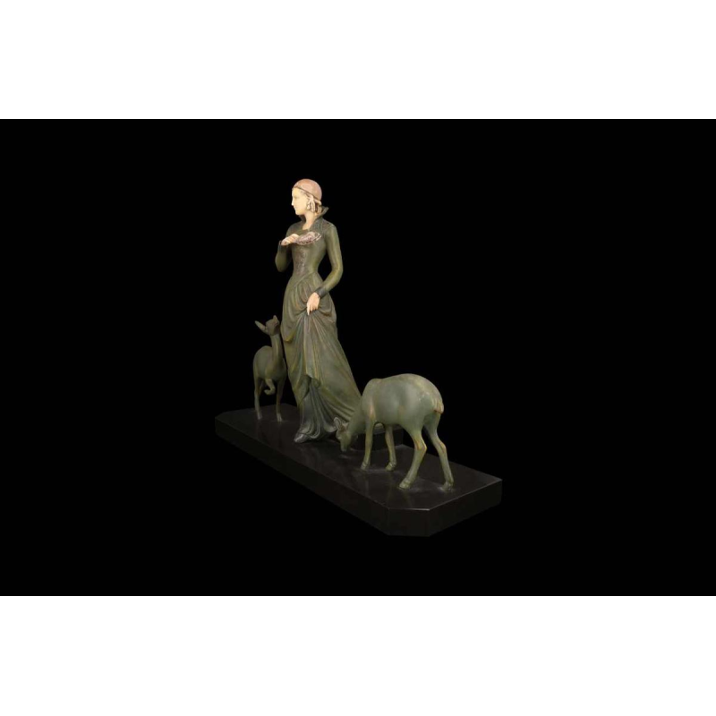 MENEVILLE (attributed to) The deer lady Art Deco sculpture, green patina bronze, early 20th c