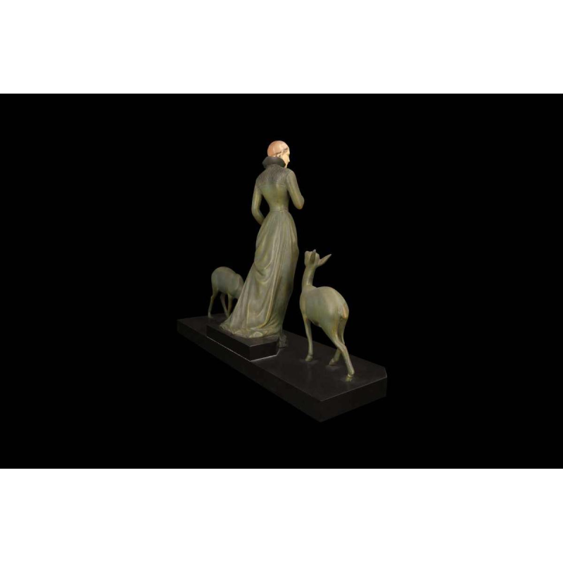 MENEVILLE (attributed to) "The deer lady" Art Deco sculpture, green patina metal, early 20th c