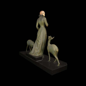 MENEVILLE (attributed to) The deer lady Art Deco sculpture, green patina bronze, early 20th c