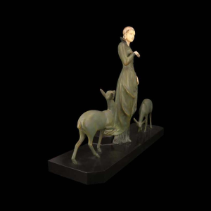 MENEVILLE (attributed to) The deer lady Art Deco sculpture, green patina bronze, early 20th c