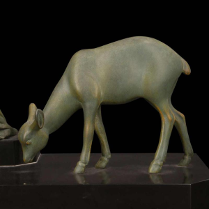 MENEVILLE (attributed to) The deer lady Art Deco sculpture, green patina bronze, early 20th c