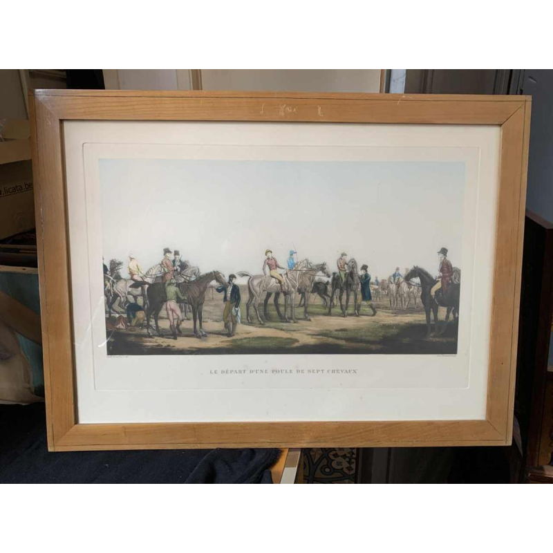 CARLE VERNET 'Départ d'une Poule de 7 chevaux', antieke paardensportgravure, 19th