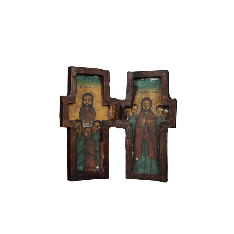 Wooden diptych cross, Ethiopian icon, spiritual heritage, sacred art of the Coptic Church, 19th century