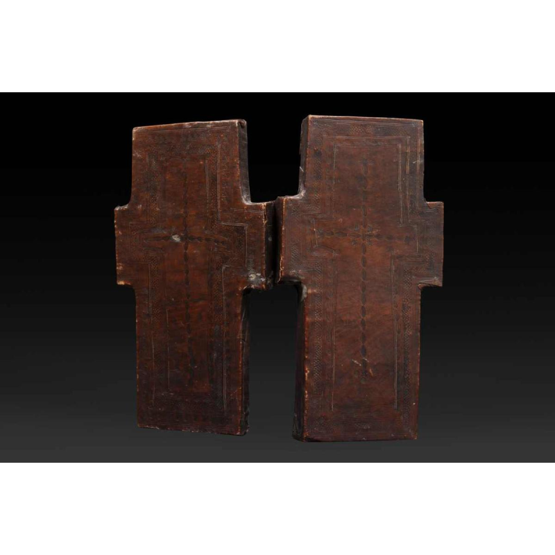 Wooden diptych cross, Ethiopian icon, spiritual heritage, sacred art of the Coptic Church, 19th century