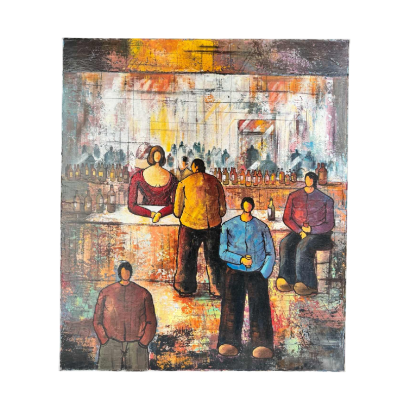 Michel MERCIE « Le bar » peinture, huile sur toile, fin du XXe s