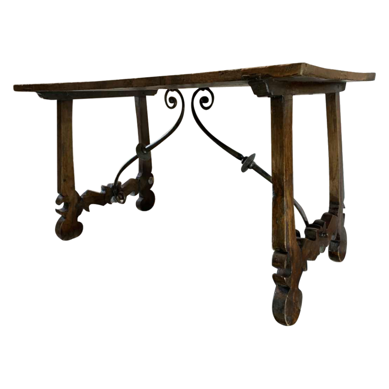 Spanish walnut table desk with Lyre legs, wrought iron volute stretcher, 19th century
