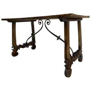 Spanish walnut table desk with Lyre legs, wrought iron volute stretcher, 19th century