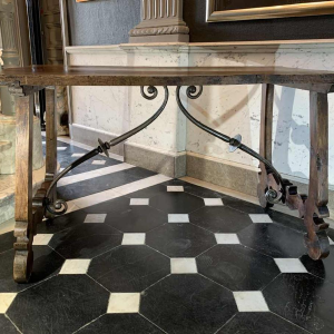 Spanish walnut table desk with Lyre legs, wrought iron volute stretcher, 19th century