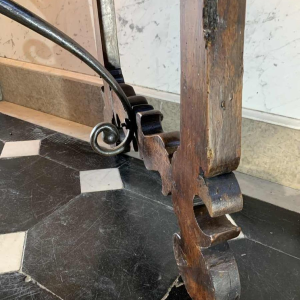 Spanish walnut table desk with Lyre legs, wrought iron volute stretcher, 19th century