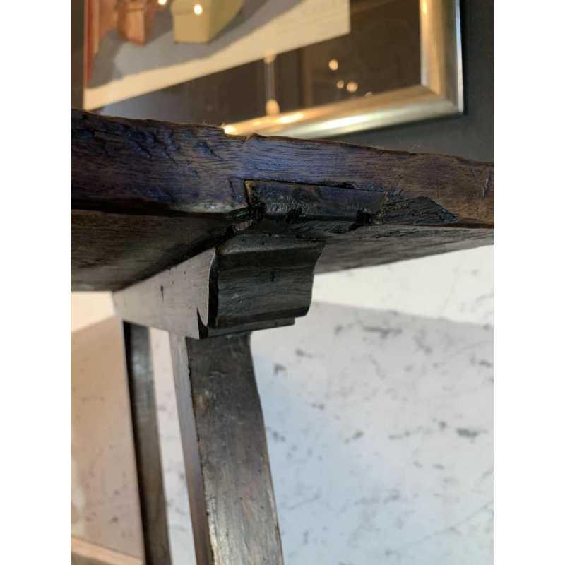 Spaanse notenhouten tafel met Lyre poten, spanner van smeedijzer, 19e eeuw