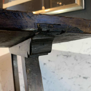 Spanish walnut table desk with Lyre legs, wrought iron volute stretcher, 19th century