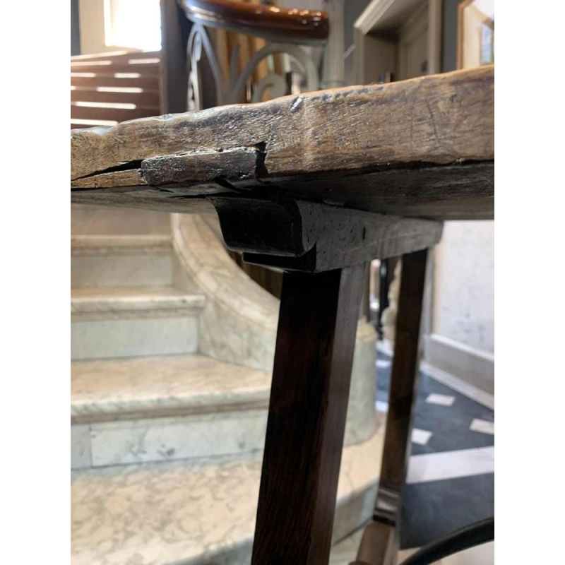 Spanish walnut table desk with Lyre legs, wrought iron volute stretcher, 19th century