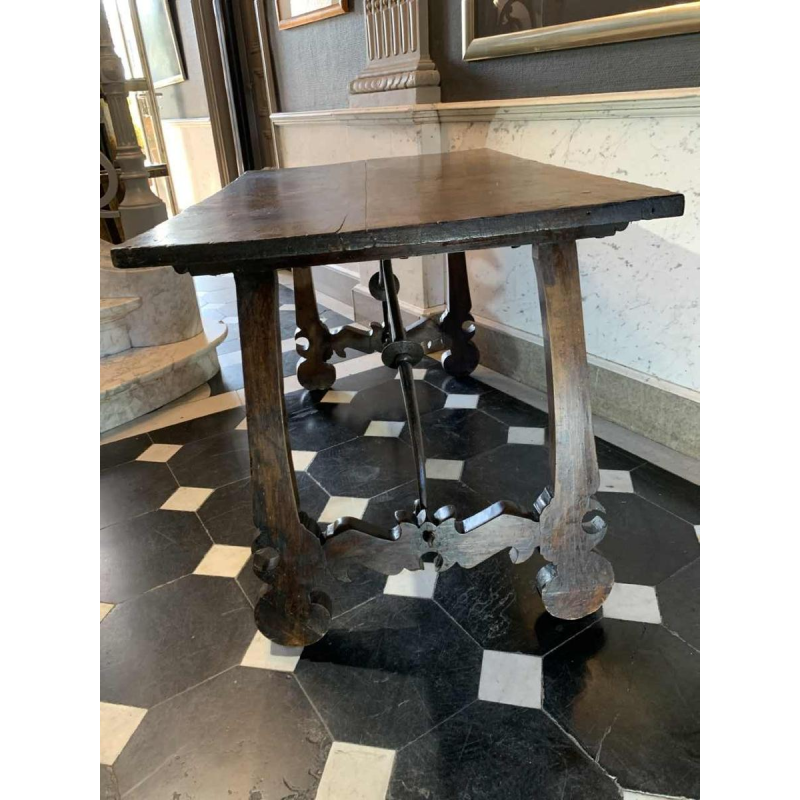 Spanish walnut table desk with Lyre legs, wrought iron volute stretcher, 19th century