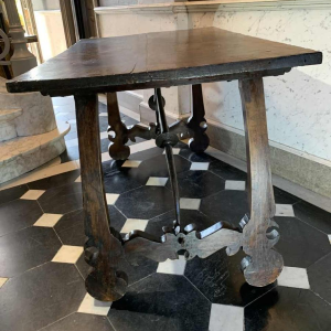 Spanish walnut table desk with Lyre legs, wrought iron volute stretcher, 19th century