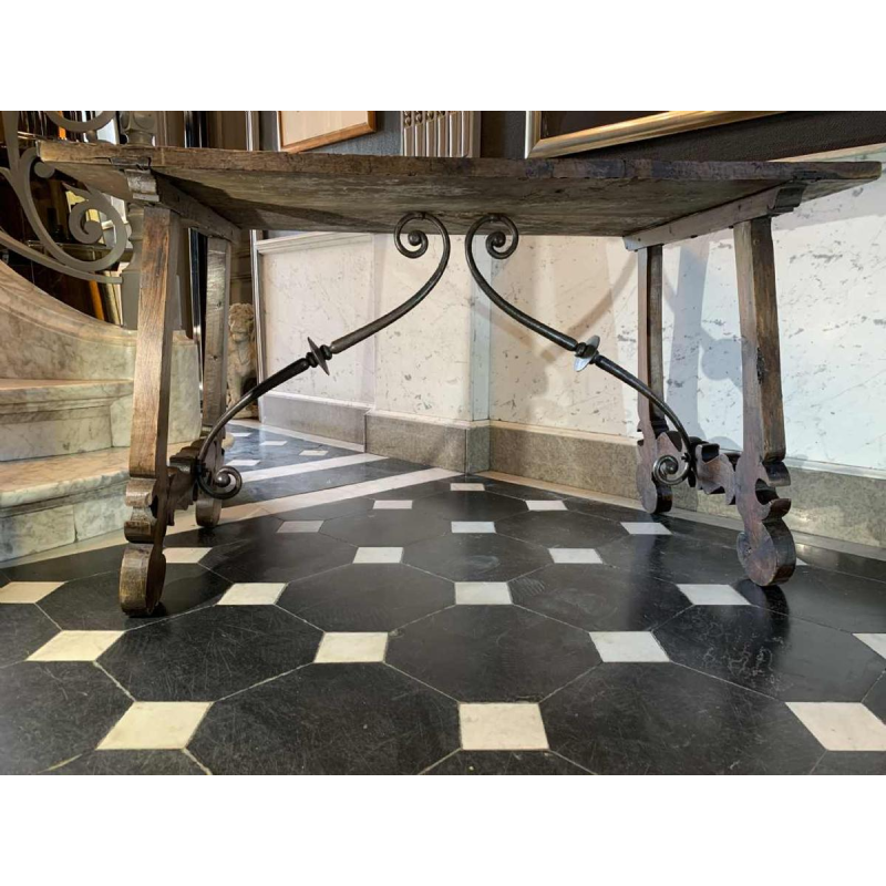 Spanish walnut table desk with Lyre legs, wrought iron volute stretcher, 19th century