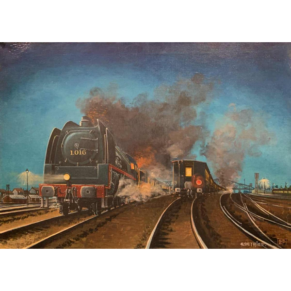 HENRI DETHIER "Trein / Locomotief" Belgische Spoorwegen, Olieverf op doek, jaren