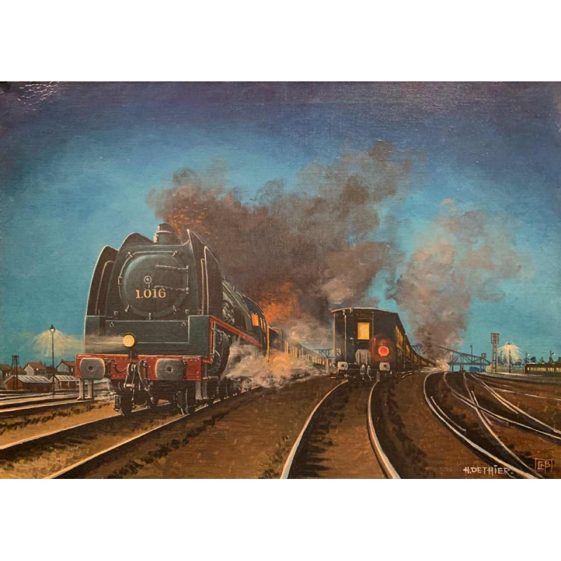 HENRI DETHIER "Trein / Locomotief" Belgische Spoorwegen, Olieverf op doek, jaren