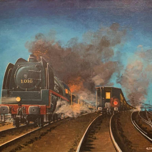 HENRI DETHIER " Train / Locomotive " Chemin de Fer belge, Huile sur toile, 1970s
