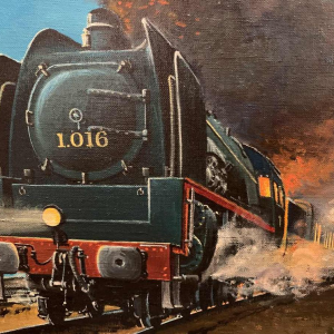 HENRI DETHIER "Trein / Locomotief" Belgische Spoorwegen, Olieverf op doek, jaren