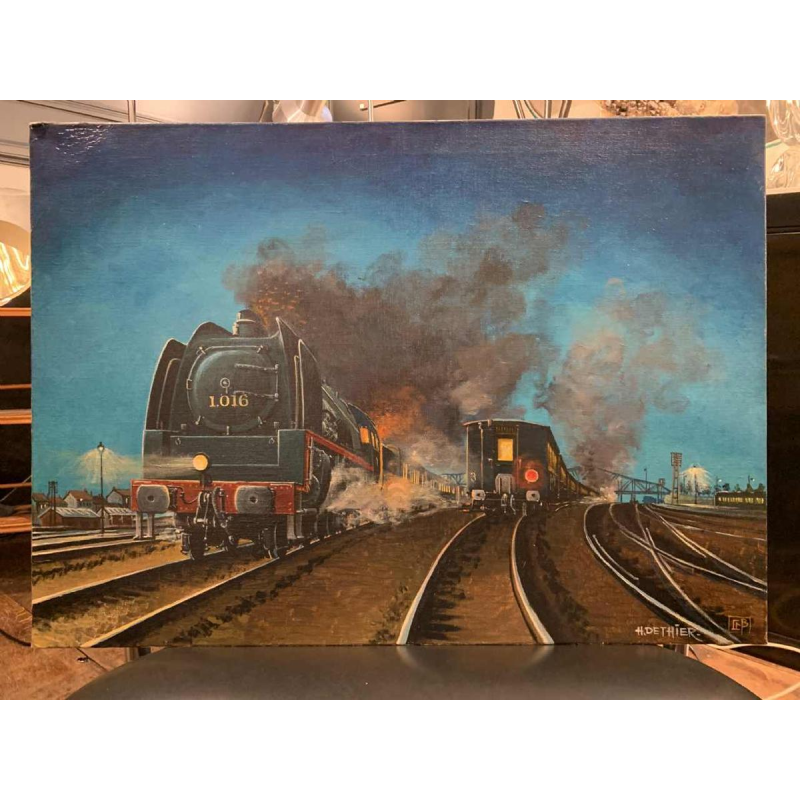 HENRI DETHIER "Train / Locomotive" Belgian Railway, Oil on canvas, 1970s