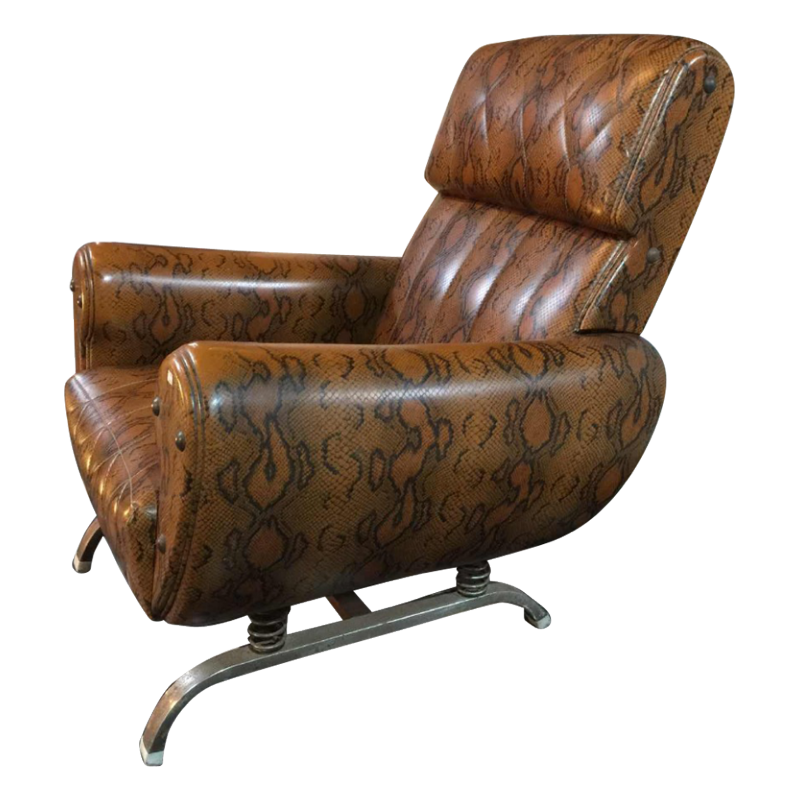 Fauteuil vintage à suspension sur ressorts , Skaï Serpent, circa 1950