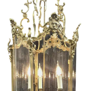 Grote zweedse lantaarn, rocaille stijl, brons en gebogen glas, 19e eeuw