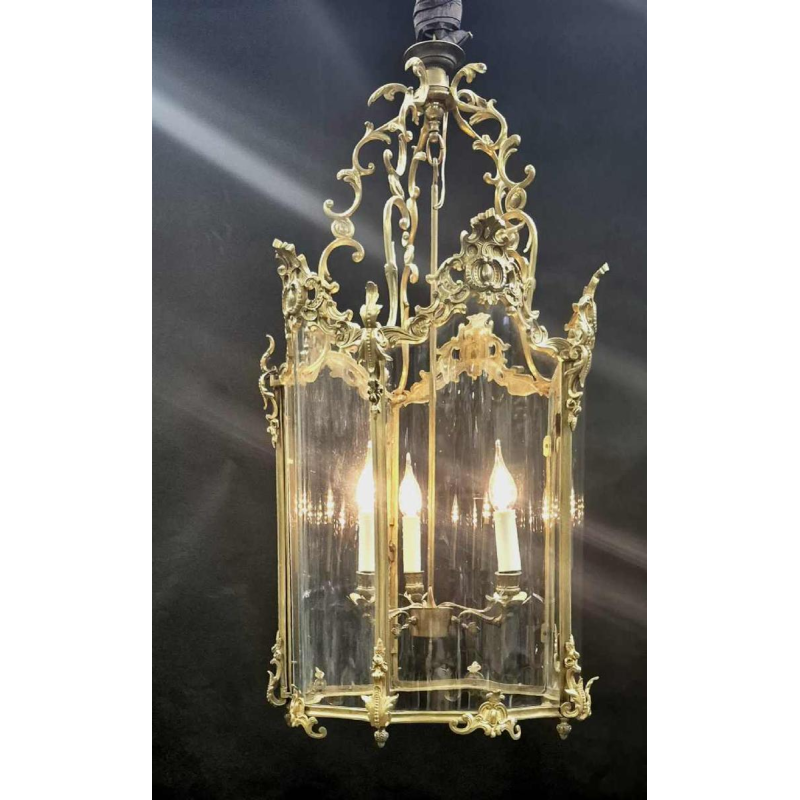 Grote zweedse lantaarn, rocaille stijl, brons en gebogen glas, 19e eeuw