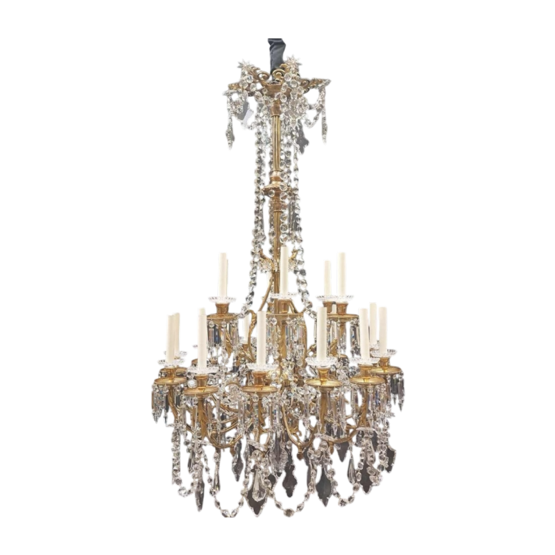 Grote kroonluchter van Baccarat in de stijl van Napoleon III, brons en kristal, 18 lichtarmen, eind 19e eeuw