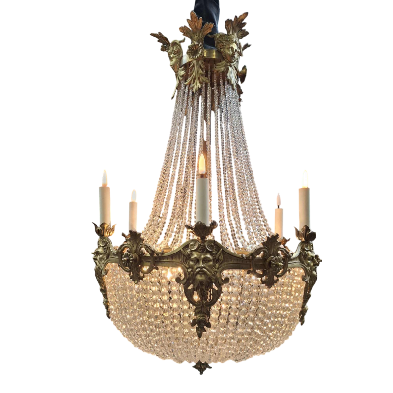 Lustre " Sac à Perles " bronze & cristal, France vers 1900
