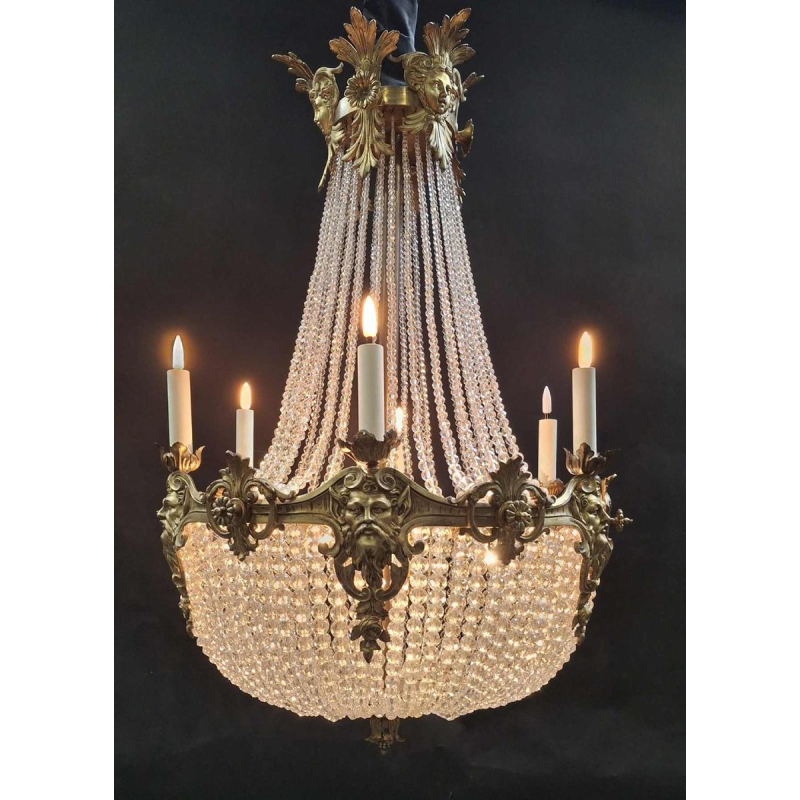 Lustre " Sac à Perles " bronze & cristal, France vers 1900