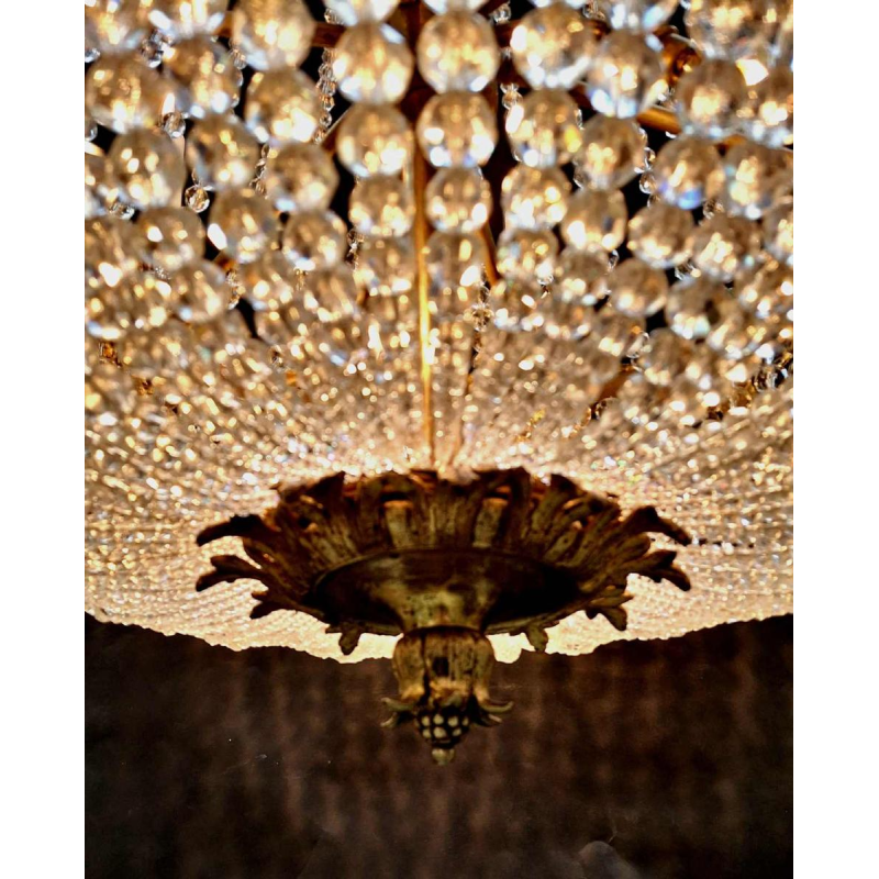Lustre " Sac à Perles " bronze & cristal, France vers 1900
