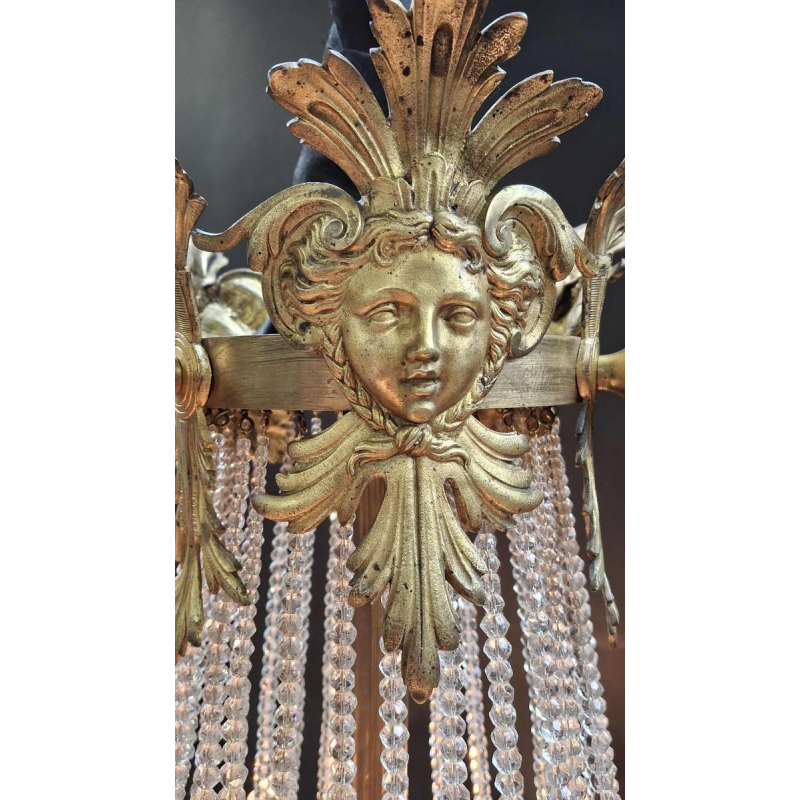 Lustre " Sac à Perles " bronze & cristal, France vers 1900