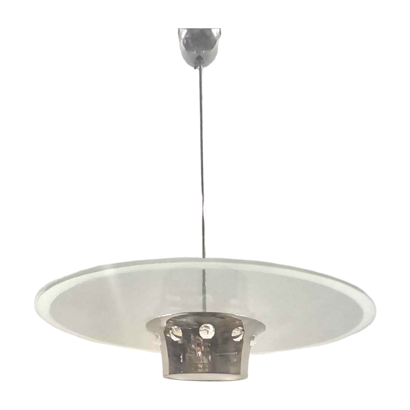 lustre Art Déco moderniste, style Bauhaus, acier chromé et verre, ca 1930