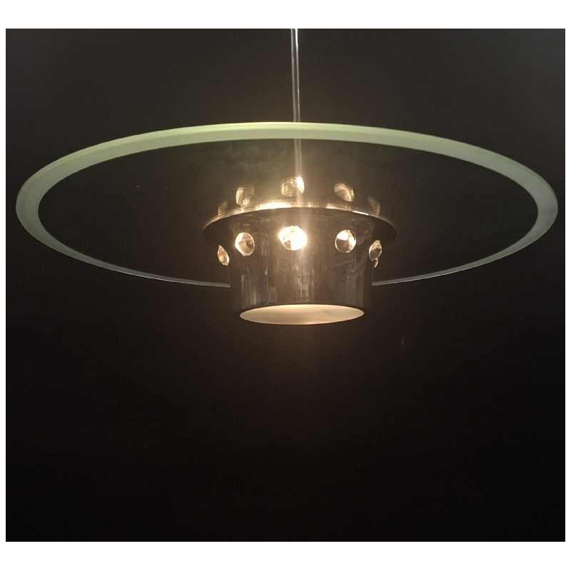 modernist Art Deco chandelier, Bauhaus style, chromed steel and glass, ca 1930