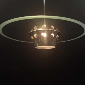 Art Deco kroonluchter, Bauhaus stijl, verchroomd staal en glas, ca 1930