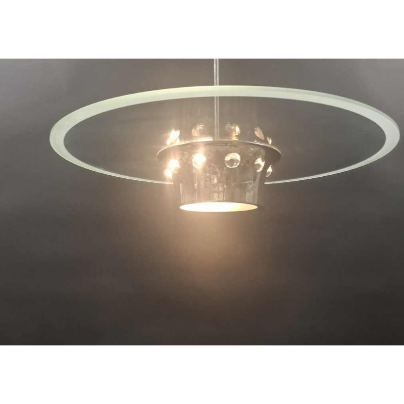 Art Deco kroonluchter, Bauhaus stijl, verchroomd staal en glas, ca 1930