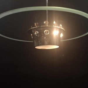 modernist Art Deco chandelier, Bauhaus style, chromed steel and glass, ca 1930