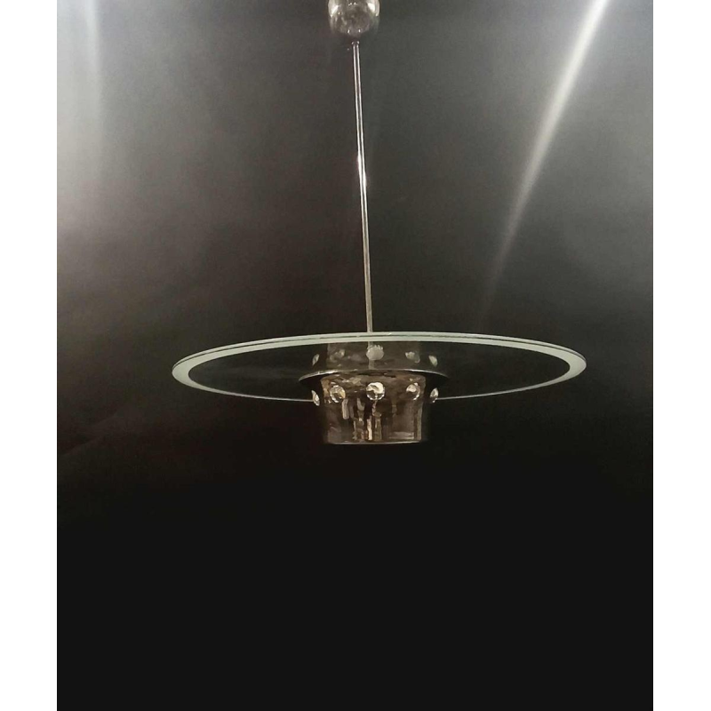 Art Deco kroonluchter, Bauhaus stijl, verchroomd staal en glas, ca 1930