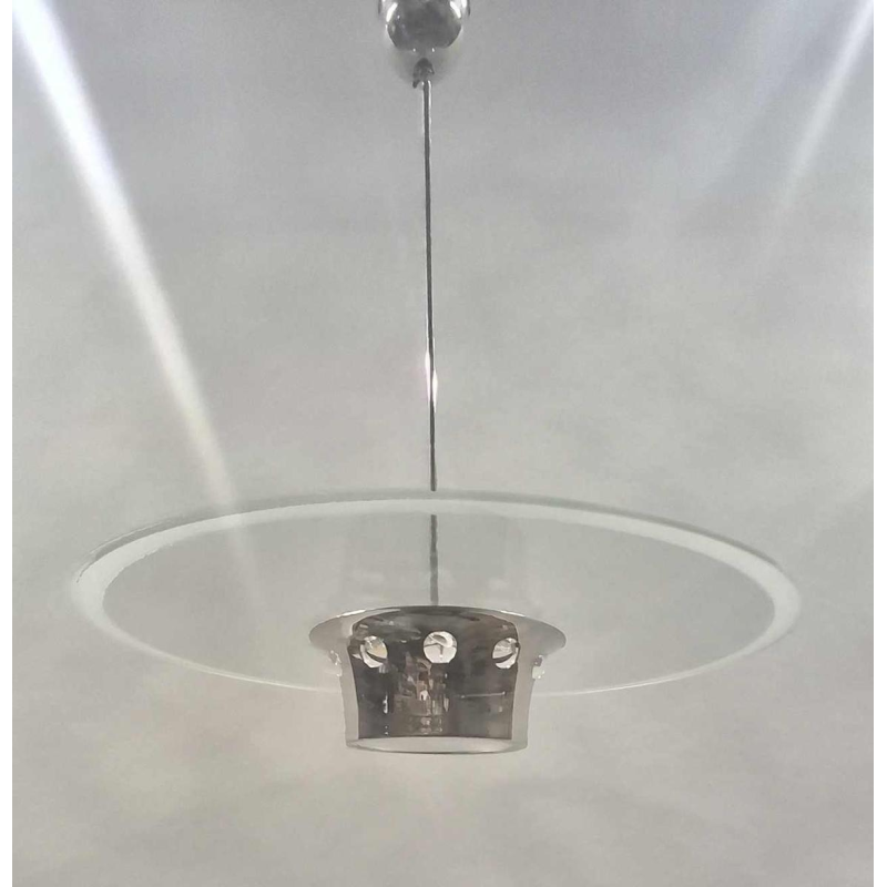 Art Deco kroonluchter, Bauhaus stijl, verchroomd staal en glas, ca 1930