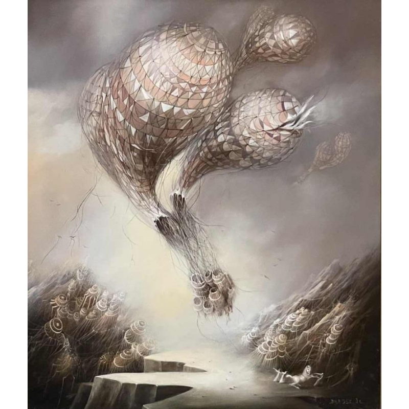 Jean-Claude DRESSE (1946-) : « Lâcher de ballons » hsp 40x34 cm