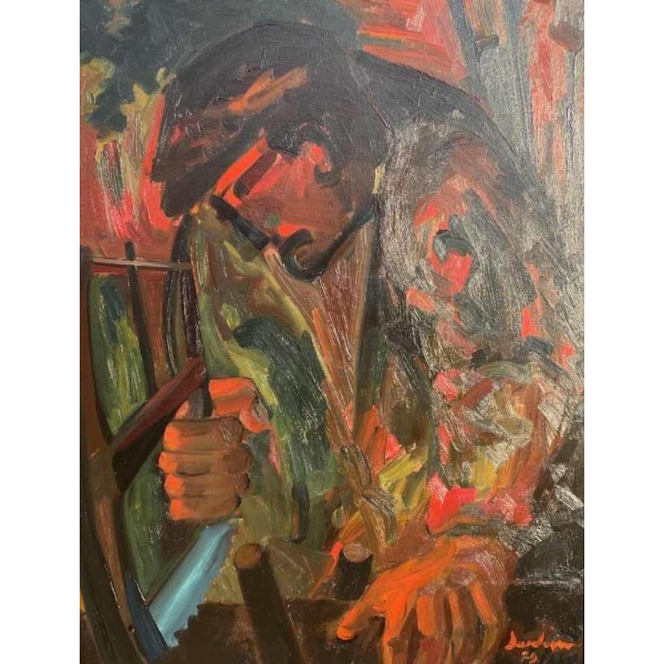 Milo Dardenne (1938-) : « Le scieur de bois » huile sur toile 90x70 cm