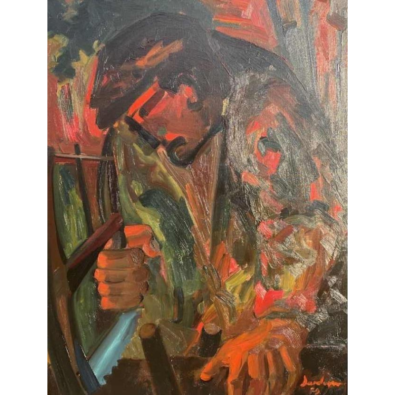 Milo Dardenne (1938-) : « Le scieur de bois » huile sur toile 90x70 cm