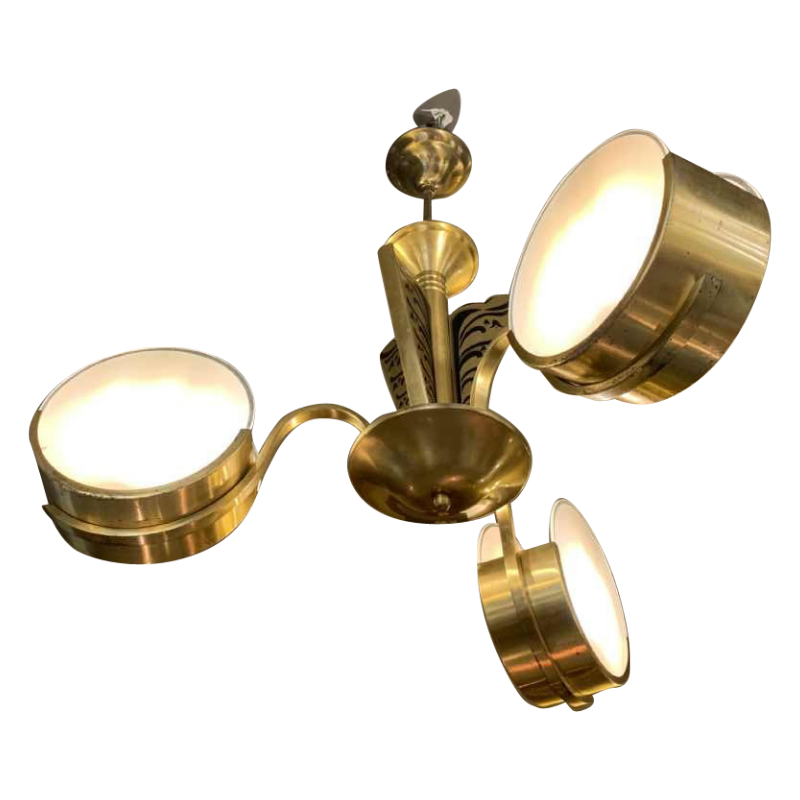 Petit lustre moderniste Art Déco en laiton doré, disques en verre dépoli, 1940s