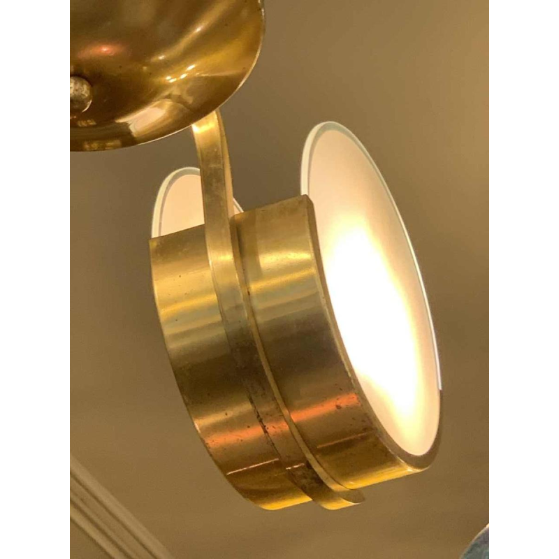 Small Modernist Art Deco gilded brass chandelier, frosted glass discs, 1940s