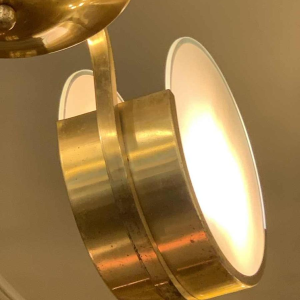 Small Modernist Art Deco gilded brass chandelier, frosted glass discs, 1940s