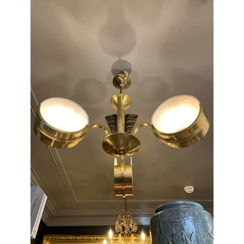 Small Modernist Art Deco gilded brass chandelier, frosted glass discs, 1940s