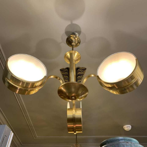 Small Modernist Art Deco gilded brass chandelier, frosted glass discs, 1940s